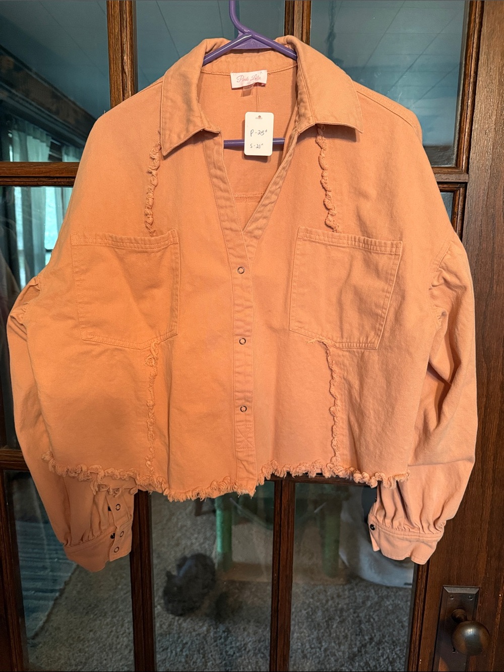 Pink Lily Peach Cropped Button-Front Shirt Jacket